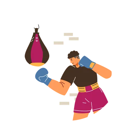 Boxeador masculino treinando com saco de pancadas  Illustration