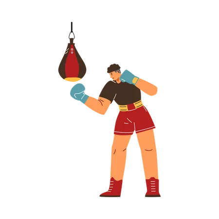 Boxeador masculino treinando com saco de pancadas  Illustration