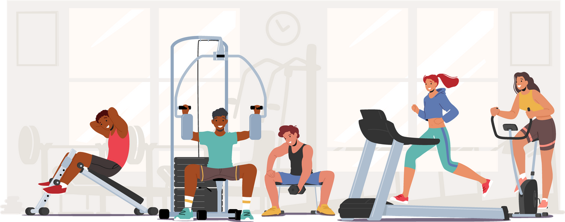 Treinamento físico de pessoas na academia  Ilustração