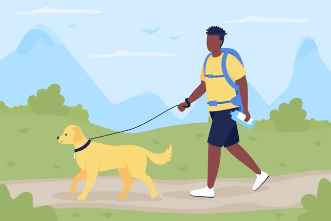 Caminhada de Trekker com companheiro de cachorro  Ilustração