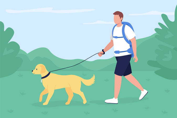 Caminhada de Trekker com cachorro na zona rural  Ilustração