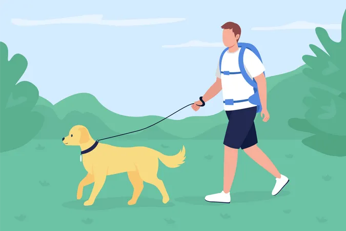 Trekker walk with dog in countryside  Illustration