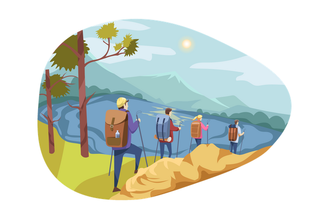 Trekking group going for hiking  Illustration