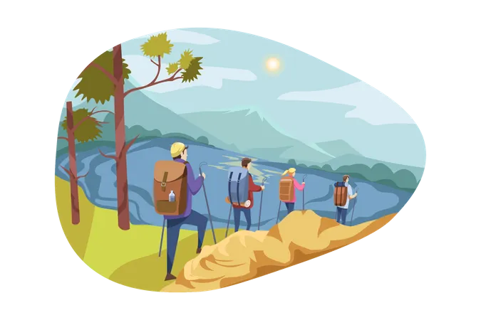 Trekking group going for hiking  Illustration