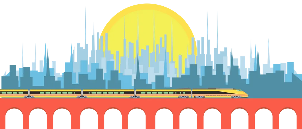 Trem de passageiros de alta velocidade contra a cidade  Ilustração