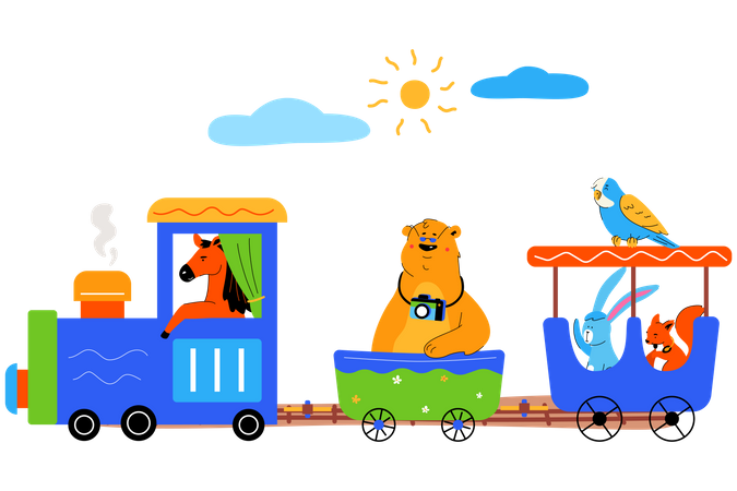 Trem infantil com animais fofos  Ilustração