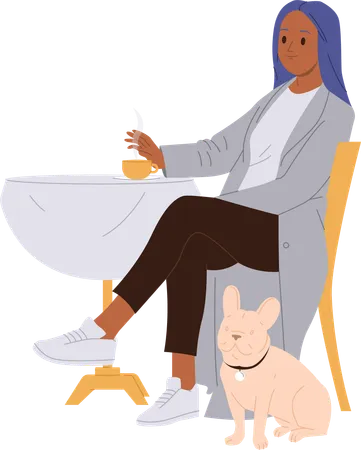 Trendy Mode Frau mit niedlichen Mops Hund besuchen haustierfreundliche Cafeteria  Illustration