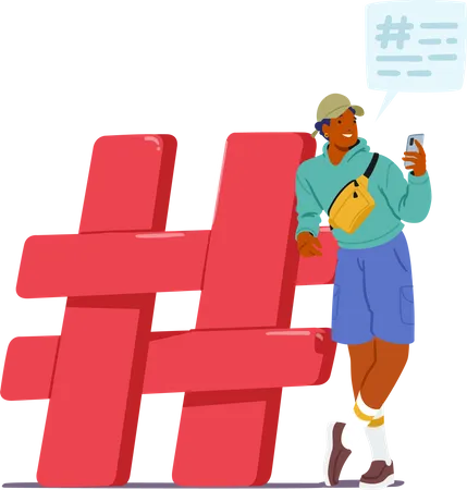 Tiny Man With Smartphone Near Huge Hashtag Sign Represents The Influence Of Social Media On Our Lives Highlighting The Power Of Connectivity And Communication In The Digital Age Vector Illustration Illustration