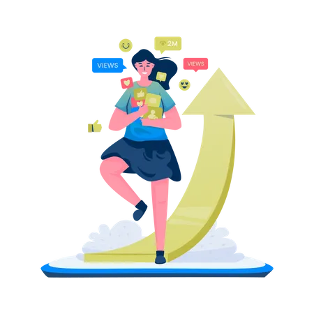 Illustration Of Trending On Social Media By Getting Views Likes And Followers With The Up Arrow For Growth Concept Illustration