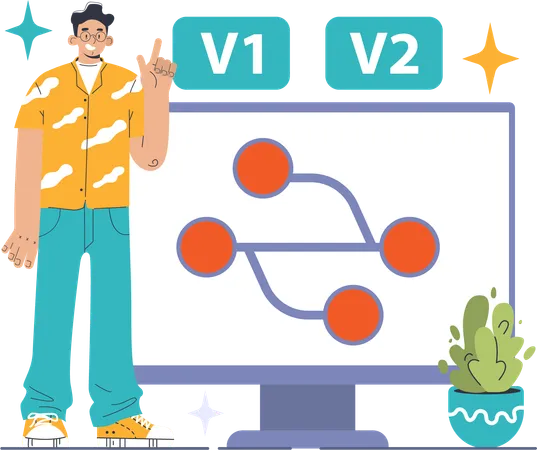 Trendy developer showcasing progression from V1 to V2 on monitor  Illustration