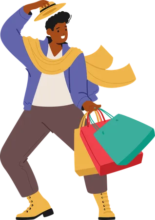 Trendy fashion guy buyer posing with shopping bags filled purchases  Illustration