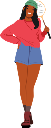 Trendy Fashion hübsche Teenager-Mädchen-Cartoon-Figur steht mit Badmintonschläger in den Händen  Illustration