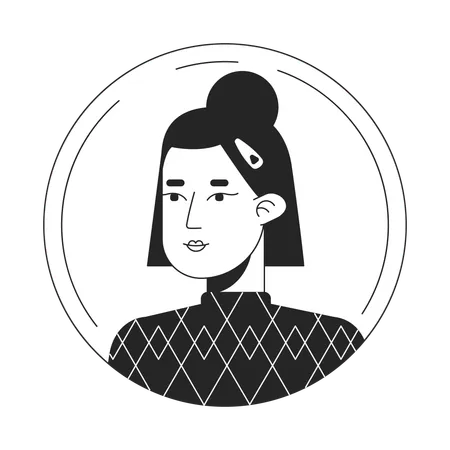 Trendy Hairstyle Asian Girl Black White Cartoon Avatar Icon Teen Short Hair Editable 2 D Character User Portrait Linear Flat Illustration Vector Face Profile Outline Person Head And Shoulders Illustration
