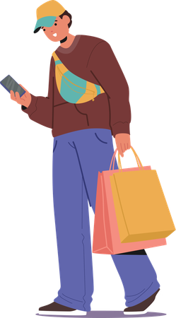 Trendy style young guy walking with shopping bags using mobile phone  Illustration