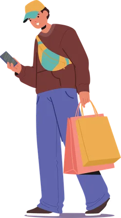 Trendy style young guy walking with shopping bags using mobile phone  Illustration