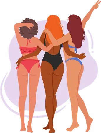 Tres amigas en trajes de baño de pie juntos en la playa  Ilustración