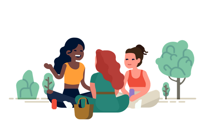 Tres amigas haciendo un picnic en un parque sentadas hablando entre ellas  Ilustración
