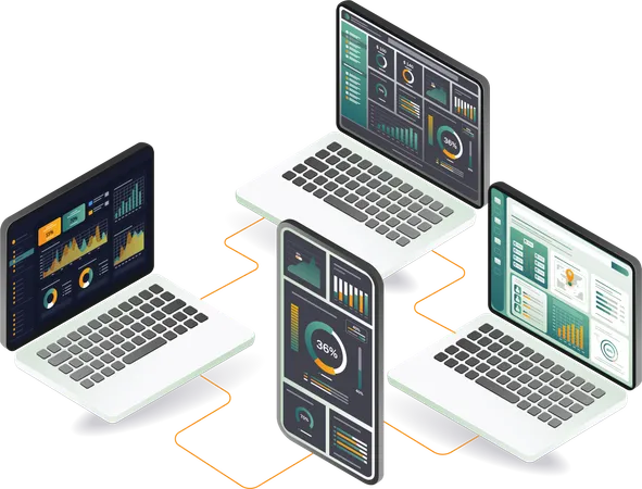 Tres computadoras portátiles que muestran diversos análisis de datos, cada una con una pantalla diferente  Ilustración