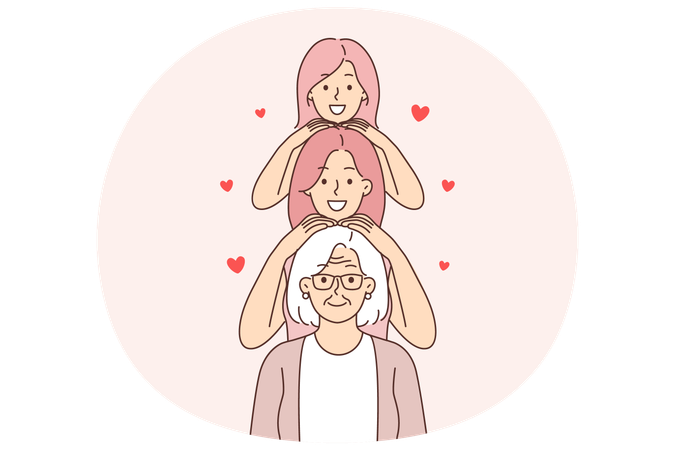 Tres generaciones de mujeres felices paradas en fila y de abuela y madre con hija.  Ilustración
