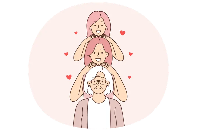 Tres generaciones de mujeres felices paradas en fila y de abuela y madre con hija.  Ilustración