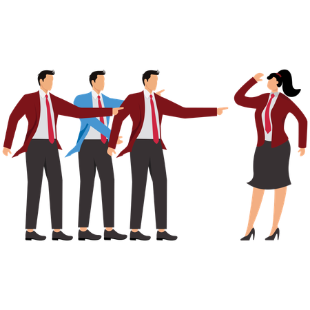 Tres hombres de negocios señalando con el dedo a una mujer de negocios  Ilustración
