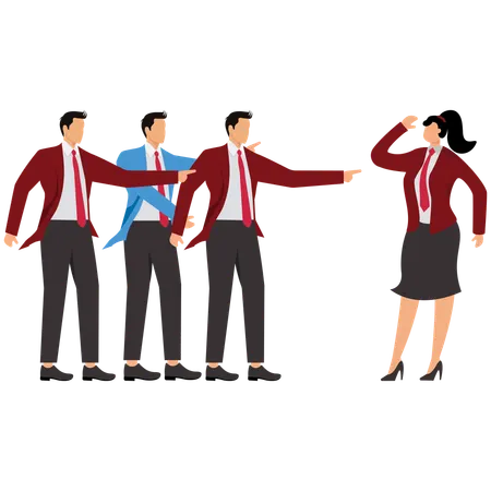 Tres hombres de negocios señalando con el dedo a una mujer de negocios  Ilustración