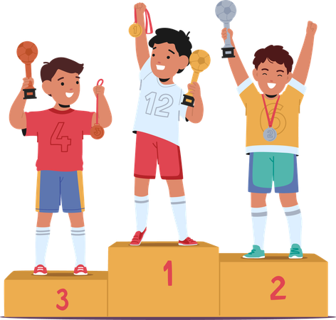 Tres jóvenes futbolistas exultantes suben al podio de los ganadores  Ilustración