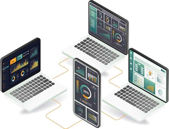 Três laptops exibindo várias análises de dados, cada um com uma tela diferente  Ilustração