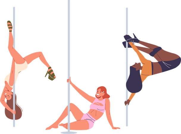 Tres mujeres participan en un entrenamiento de fitness de pole dance  Ilustración