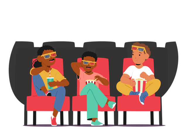 Tres personajes infantiles disfrutan de una película en 3D en el cine usando gafas 3D y comiendo palomitas de maíz  Ilustración