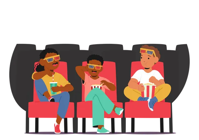 Tres personajes infantiles disfrutan de una película en 3D en el cine usando gafas 3D y comiendo palomitas de maíz  Ilustración