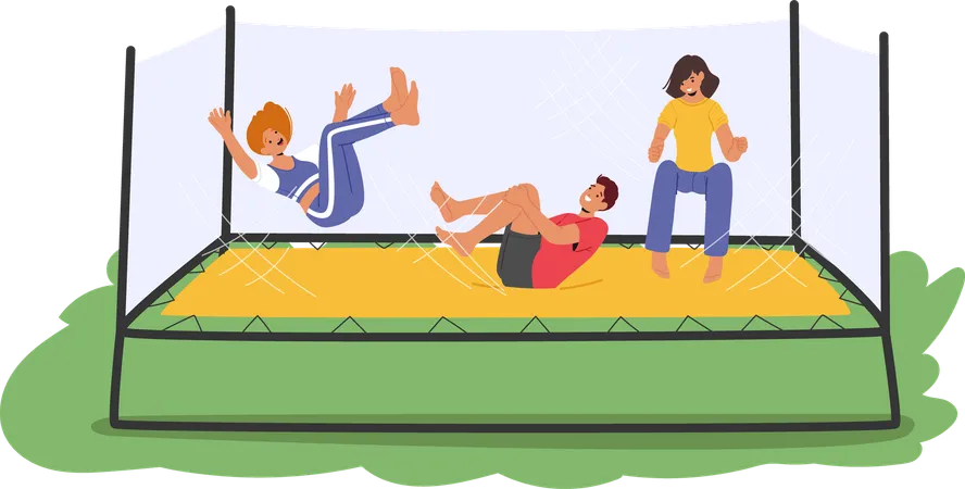 Tres personas alegres disfrutando de un trampolín al aire libre  Ilustración