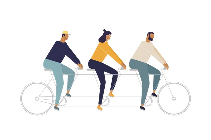 Ilustracion Vectorial De Personajes Femeninos Y Masculinos Modernos Que Andan Juntos En Bicicleta El Concepto De Colaboracion Y Amistad Ilustración