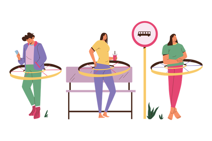 Tres personas con distanciamiento social  Ilustración