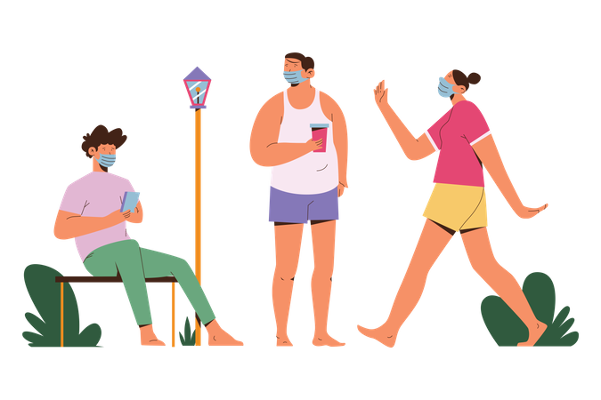 Tres personas se reúnen con máscaras  Ilustración