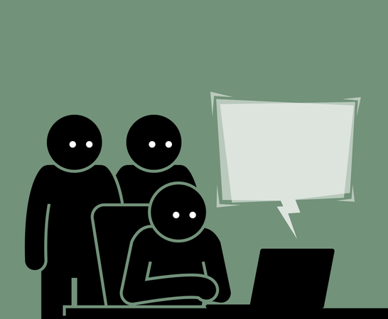 Tres personas viendo una computadora juntas  Ilustración