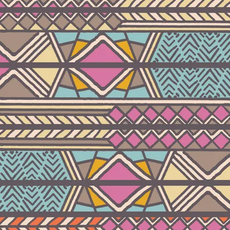 Padrão boêmio colorido étnico tribal com elementos geométricos, pano de lama africano, desenho tribal  Ilustração