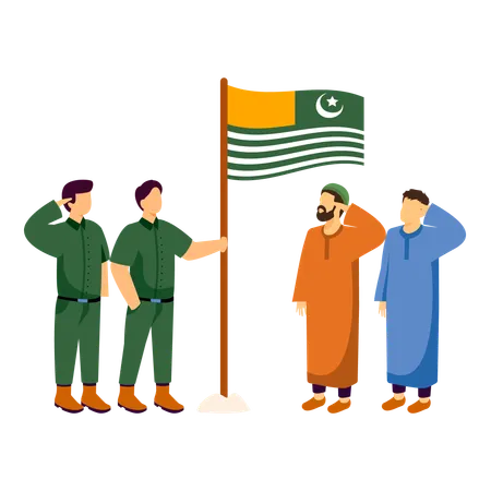 Tribal people saluting flag with soldiers  Illustration