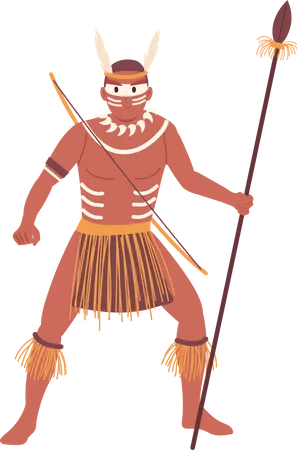 Cartoon Tribal Warrior Dressed In Ethnic African Clothes Isolated On White Background African Aboriginal Indigenous Man With Martial Makeup Wearing In Battle Suit Holding Spear Vector Illustration 일러스트레이션