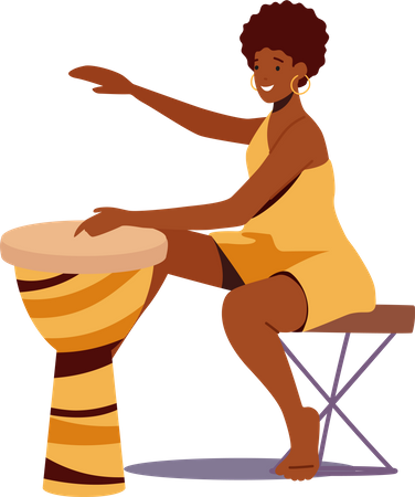 Tribal woman playing wooden drum  Illustration