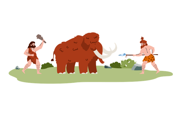 Tribe of cave prehistoric people stone age with primitive weapon hunting mammoth  Illustration