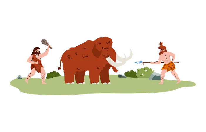 Tribe of cave prehistoric people stone age with primitive weapon hunting mammoth  Illustration