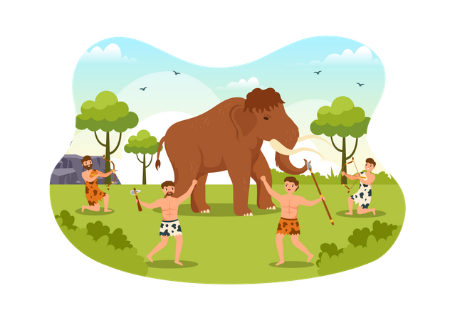 Tribos pré-históricas da Idade da Pedra caçando animais de grande porte  Ilustração