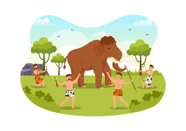 Tribos pré-históricas da Idade da Pedra caçando animais de grande porte  Ilustração