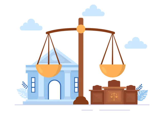 Tribunal Hay Justicia Decision Y Ley Con Leyes Escalas Edificios Martillo De Juez De Madera En Ilustracion De Diseno De Dibujos Animados Planos Ilustración