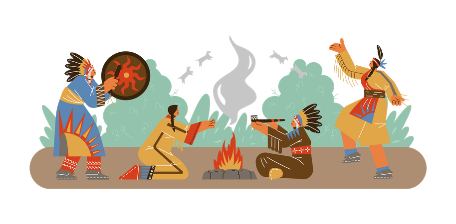 Un miembro de una tribu india toca un tambor con su traje étnico tradicional.  Ilustración
