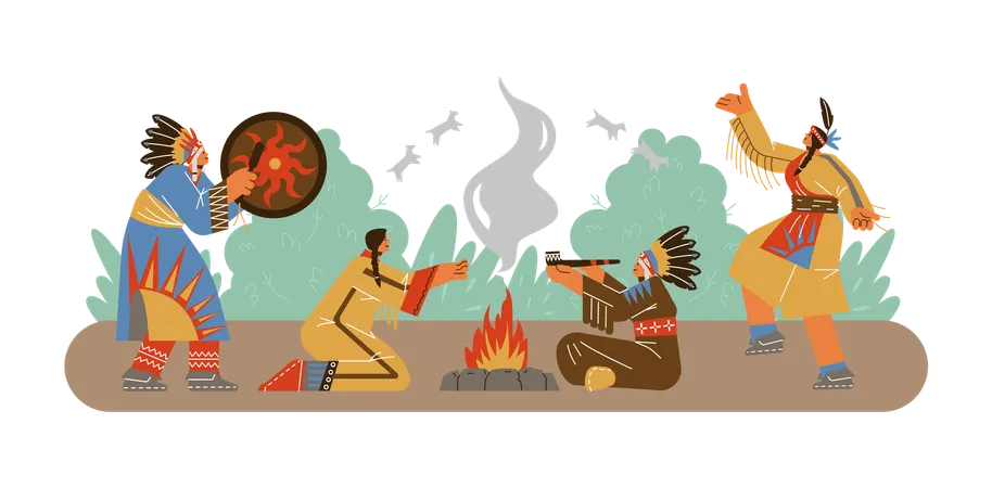 Un miembro de una tribu india toca un tambor con su traje étnico tradicional.  Ilustración