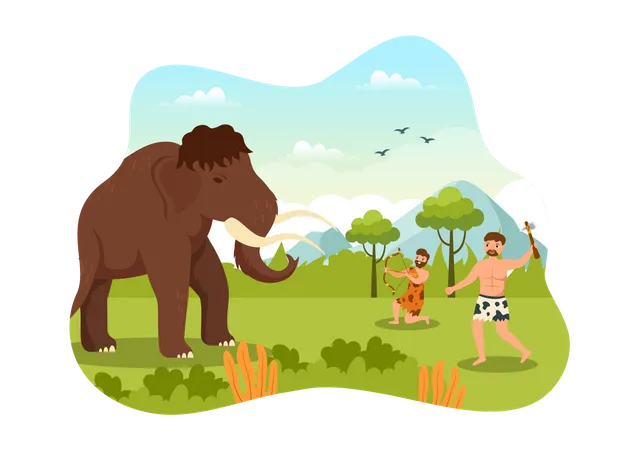Tribus prehistóricas de la Edad de Piedra cazando elefantes  Ilustración