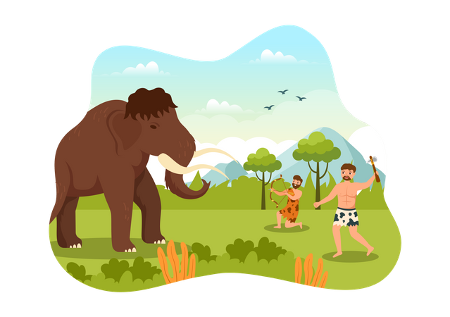 Tribus préhistoriques de l’âge de pierre chassant l’éléphant  Illustration