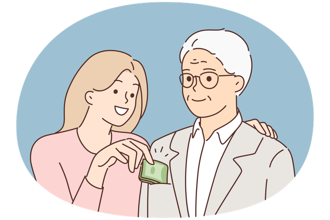 Trickreiche Frau nimmt alten Mann Geld aus der Tasche  Illustration